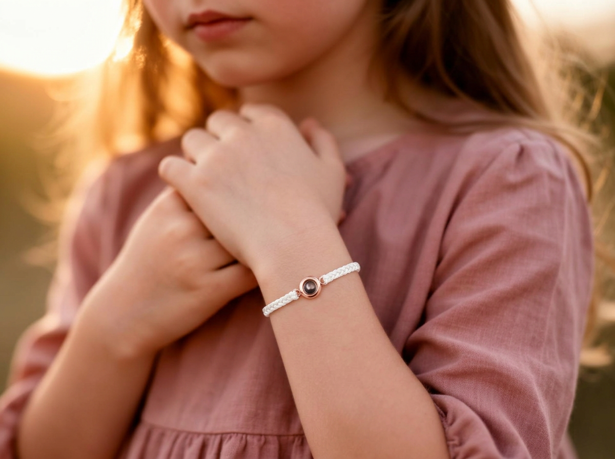 A child wearing a delicate memorial photo bracelet