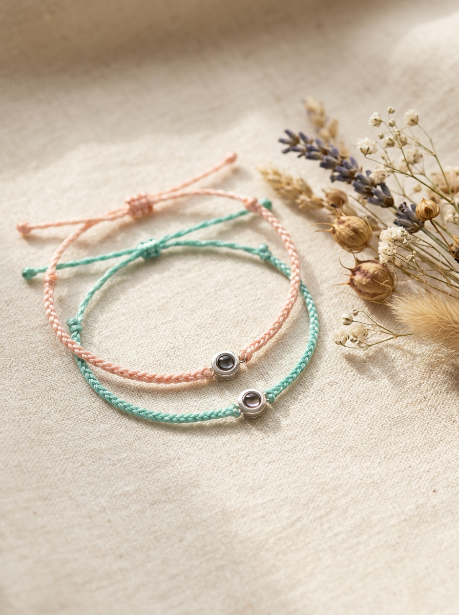 A pink and a teal braided photo memorial bracelet resting on linen beside dried wildflowers